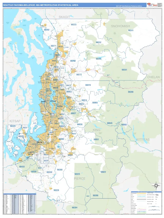 Seattle-Tacoma-Bellevue Metro Area ZIP Code Wall Map, Business Reference style