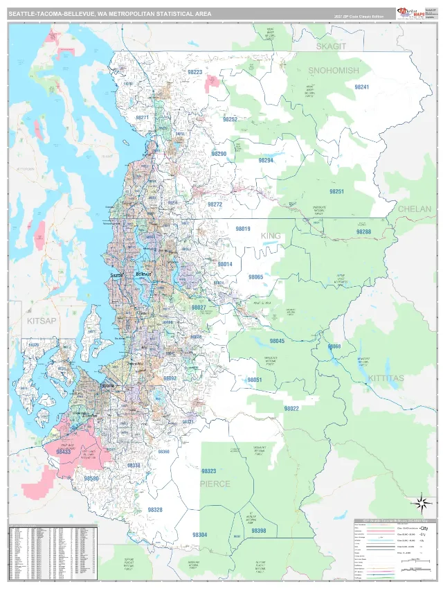 Seattle-Tacoma-Bellevue Metro Area ZIP Code Wall Map, Classic style