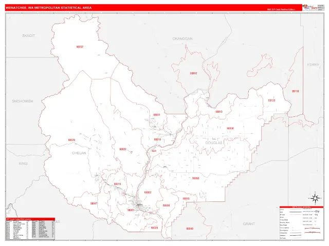 Wenatchee Metro Area ZIP Code Wall Map, RedLine style