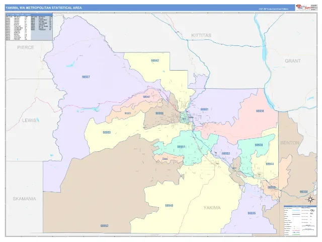 Yakima Metro Area ZIP Code Wall Map, ColorCast style