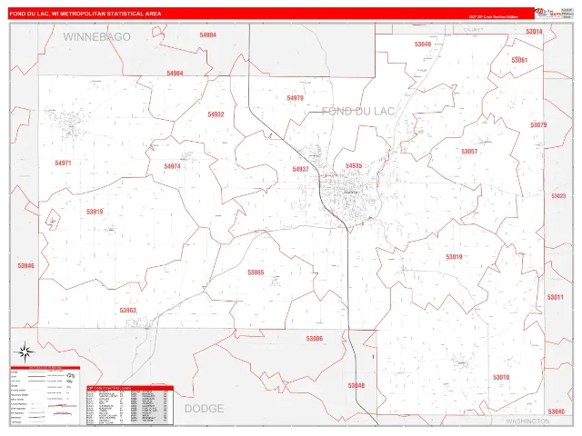 Fond du Lac Metro Area ZIP Code Wall Map, RedLine style