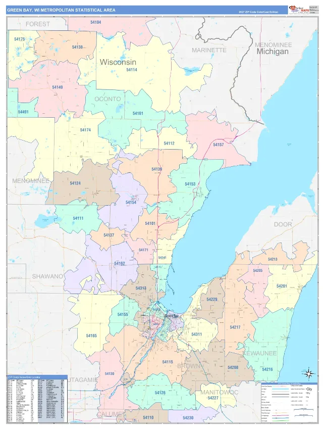 Green Bay Metro Area ZIP Code Wall Map, ColorCast style