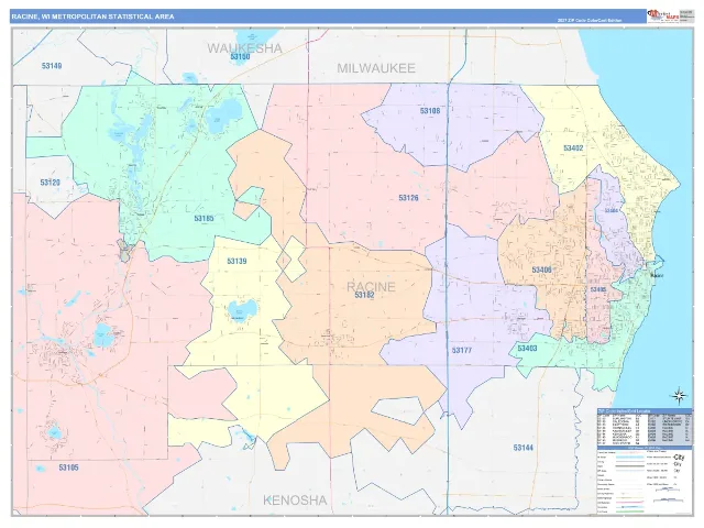 Racine Metro Area ZIP Code Wall Map, ColorCast style