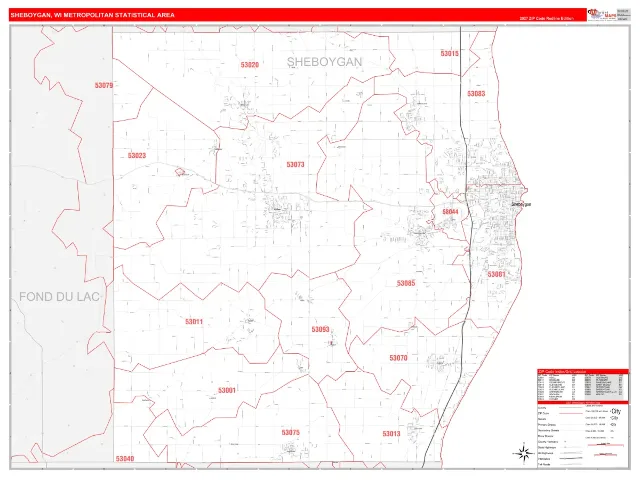 Sheboygan Metro Area ZIP Code Wall Map, RedLine style