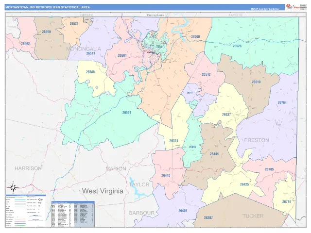 Morgantown Metro Area ZIP Code Wall Map, ColorCast style