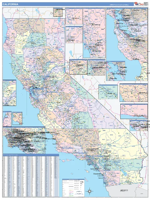 California ZIP Code wall map in the ColorCast Style