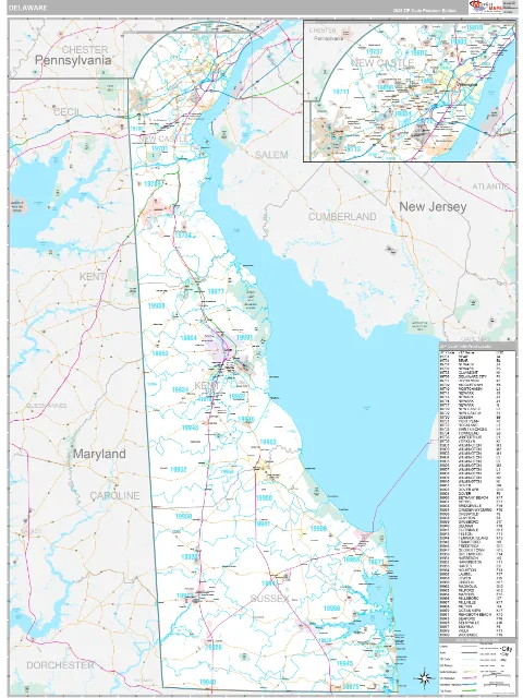 Delaware ZIP Code wall map in the Classic Style