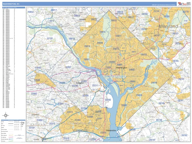 District of Columbia State ZIP Code Wall Map, Business Reference style