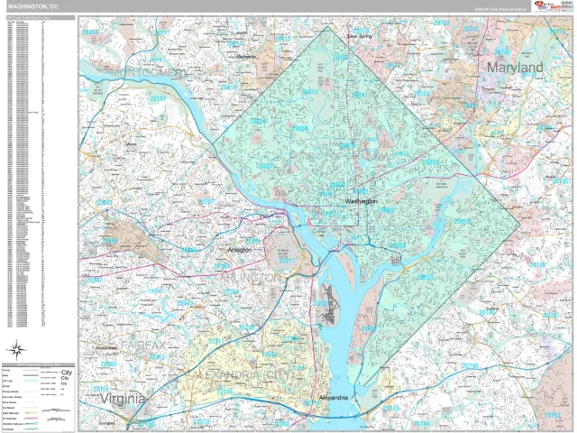 District of Columbia State ZIP Code Wall Map, Classic style