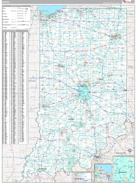 Indiana ZIP Code wall map in the Classic Style