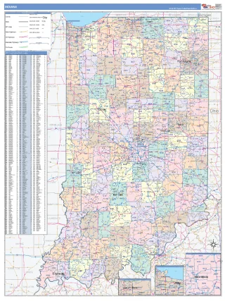 Indiana ColorCast style ZIP Code wall map
