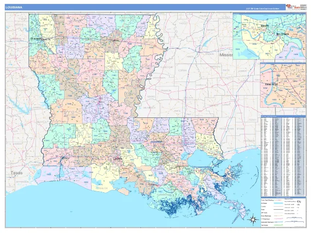 Louisiana State ZIP Code Wall Map, ColorCast style