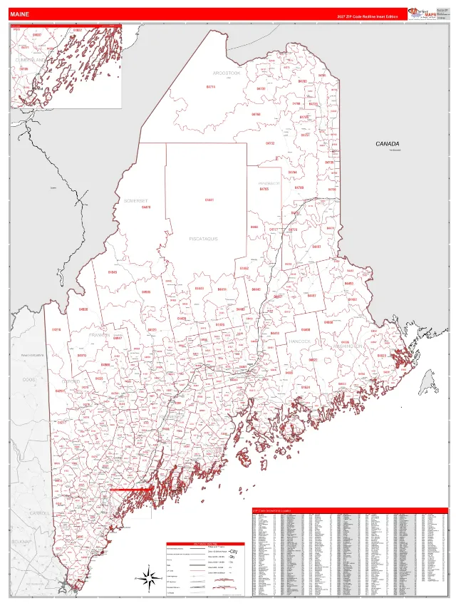 Maine State ZIP Code Wall Map, RedLine style