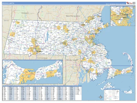 Massachusetts ZIP Code wall map in the Business Reference Style