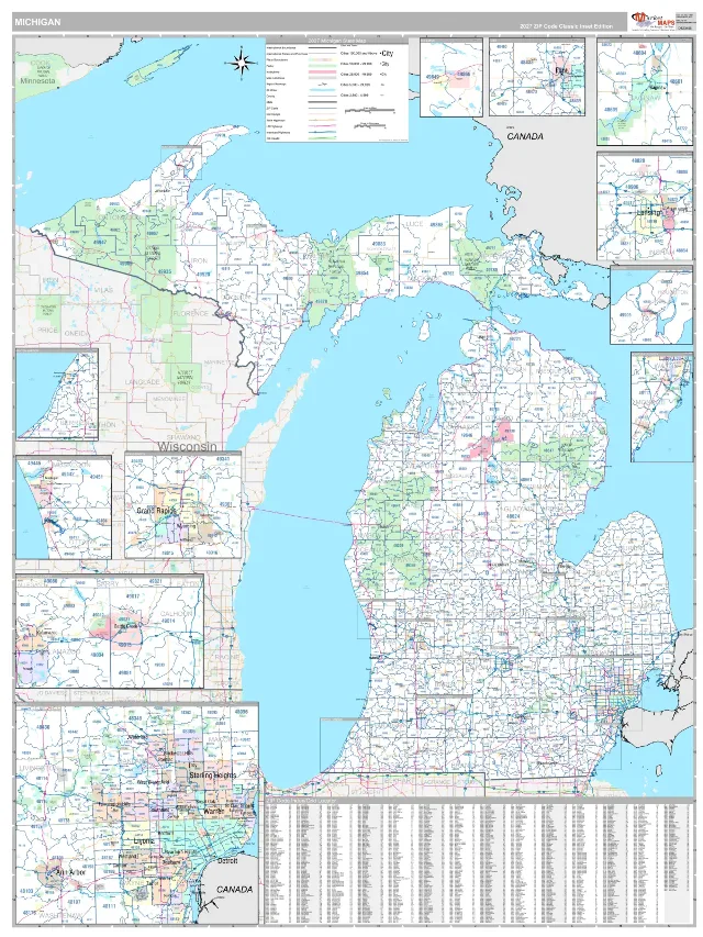 Michigan State ZIP Code Wall Map, Classic style