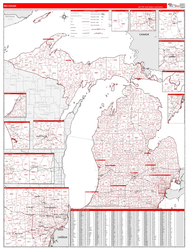 Michigan State ZIP Code Wall Map, RedLine style