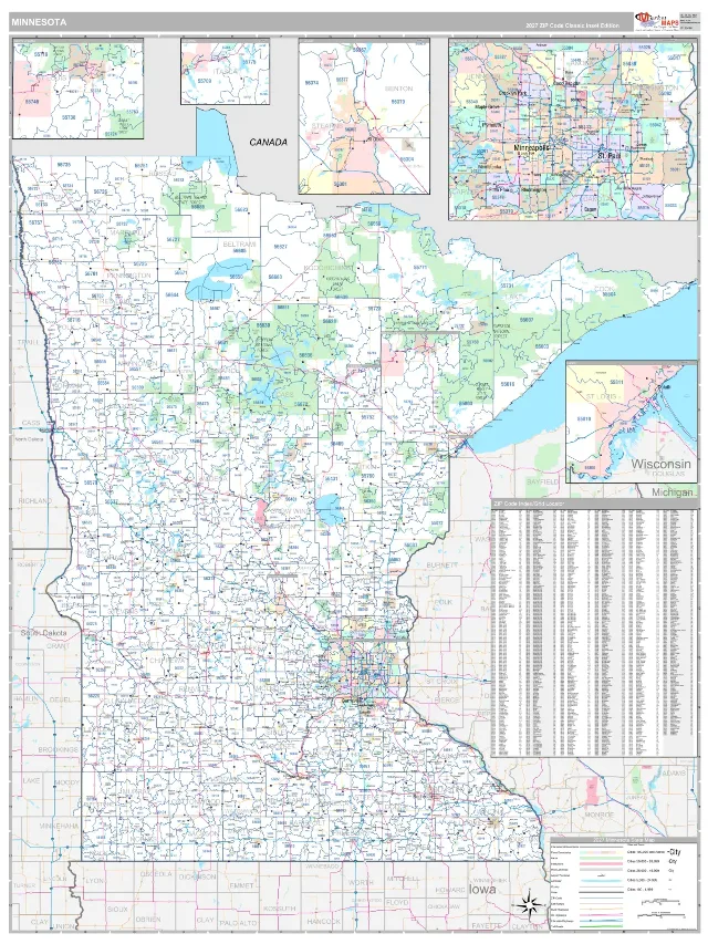 Minnesota State ZIP Code Wall Map, Classic style