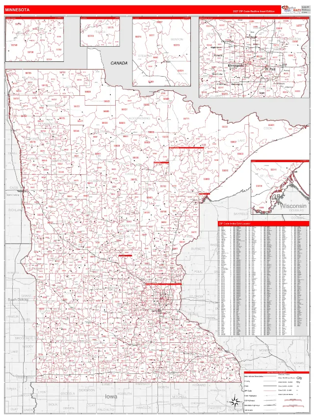 Minnesota State ZIP Code Wall Map, RedLine style