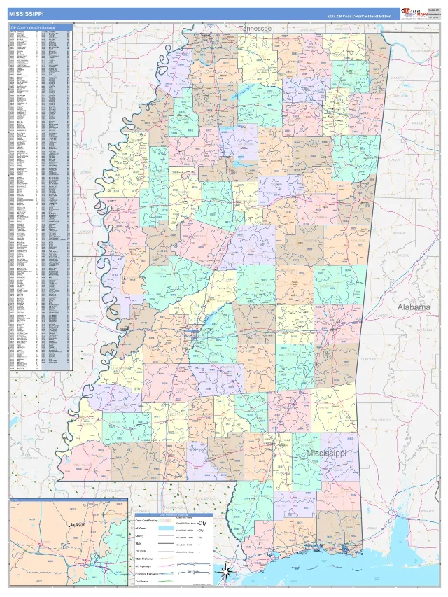 Mississippi State ZIP Code Wall Map, ColorCast style