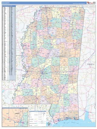 Mississippi ColorCast style ZIP Code wall map