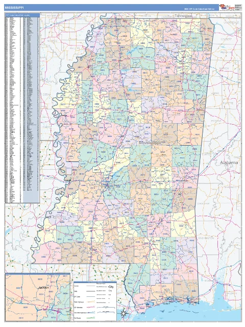 Mississippi ZIP Code wall map in the ColorCast Style