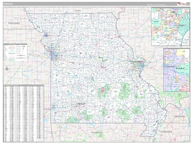 Missouri State ZIP Code Wall Map, Classic style