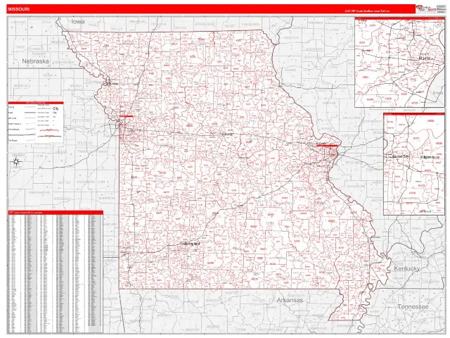 Missouri State ZIP Code Wall Map, RedLine style
