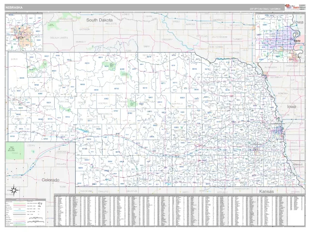 Nebraska State ZIP Code Wall Map, Classic style