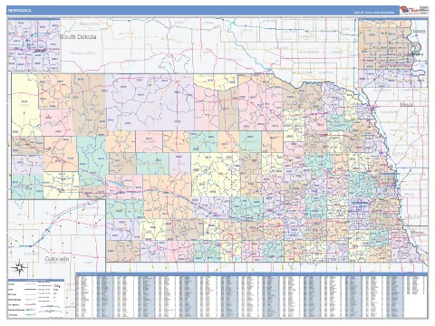 Nebraska ZIP Code wall map in the ColorCast Style
