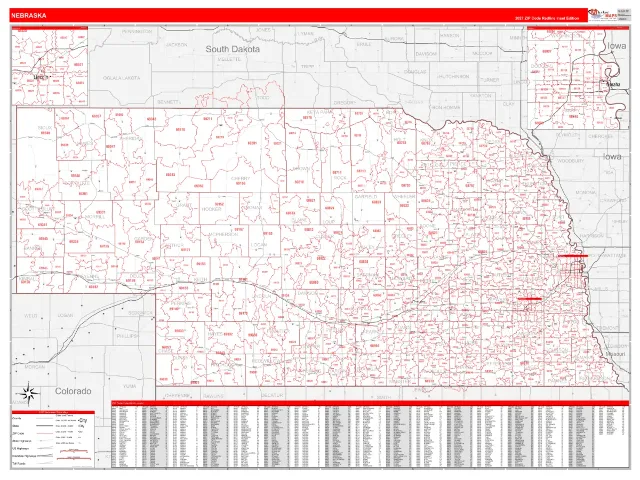 Nebraska State ZIP Code Wall Map, RedLine style