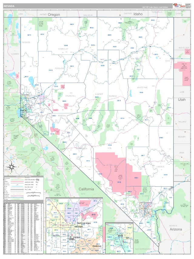 Nevada State ZIP Code Wall Map, Classic style