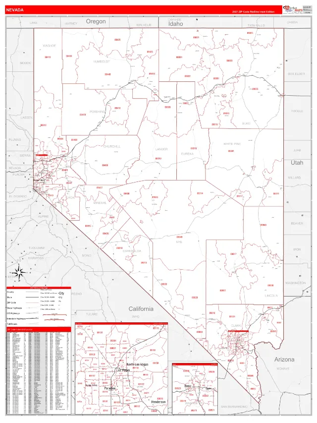 Nevada State ZIP Code Wall Map, RedLine style