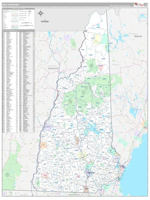 New Hampshire State ZIP Code Wall Map, Classic style