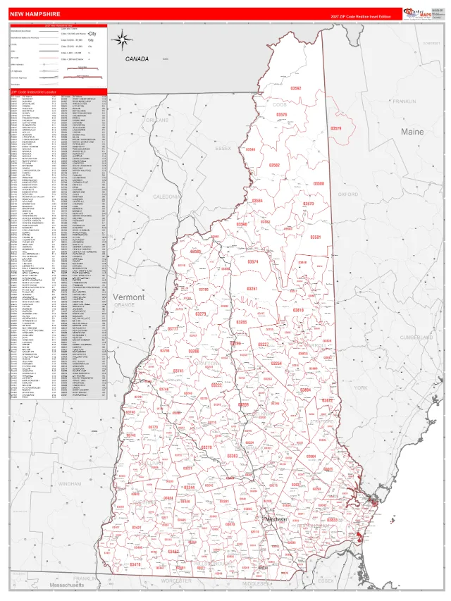 New Hampshire State ZIP Code Wall Map, RedLine style