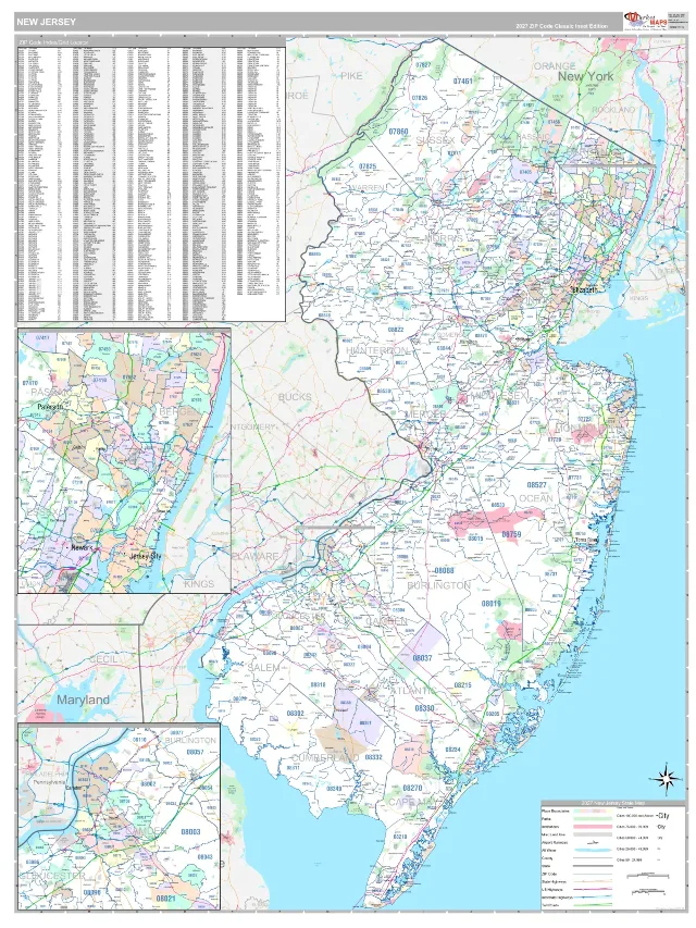 New Jersey State ZIP Code Wall Map, Classic style