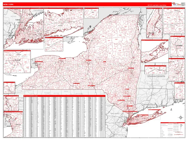 New York State ZIP Code Wall Map, RedLine style