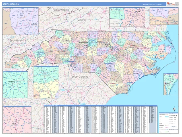 North Carolina State ZIP Code Wall Map, ColorCast style
