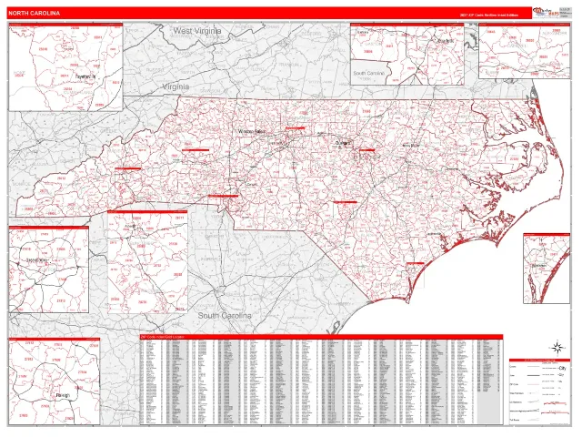 North Carolina State ZIP Code Wall Map, RedLine style