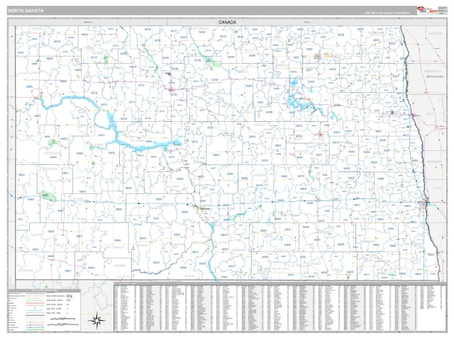 North Dakota State ZIP Code Wall Map, Classic style