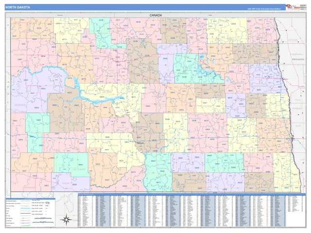North Dakota State ZIP Code Wall Map, ColorCast style