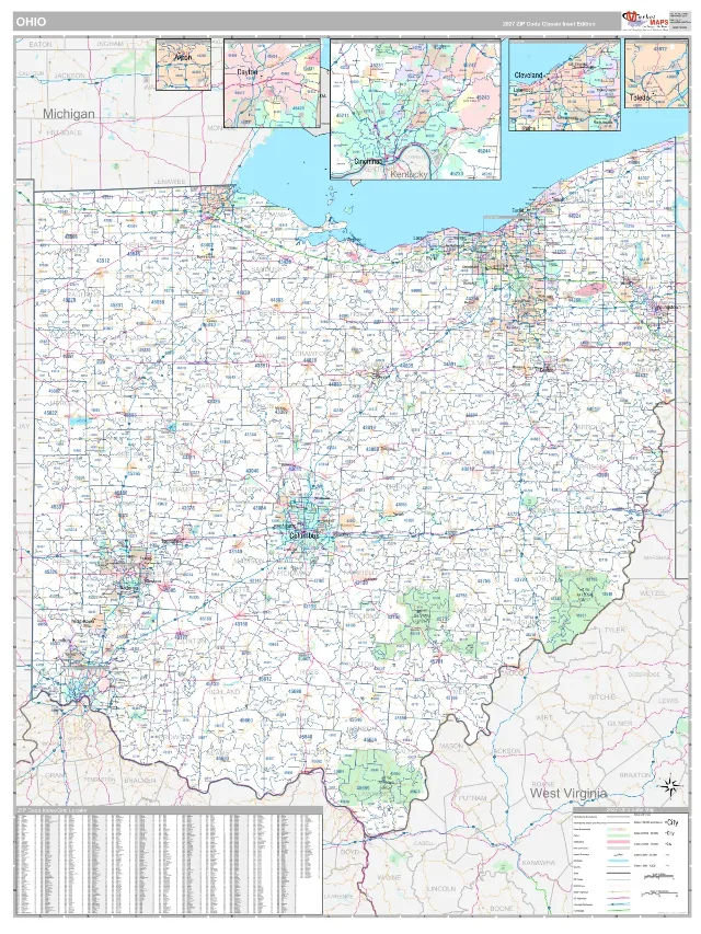 Ohio State ZIP Code Wall Map, Classic style