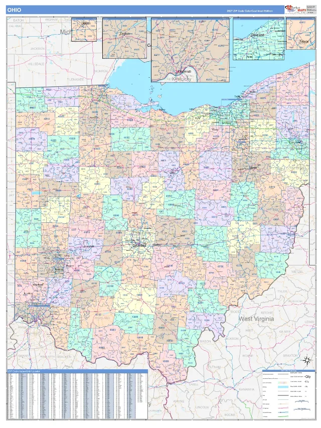 Ohio State ZIP Code Wall Map, ColorCast style