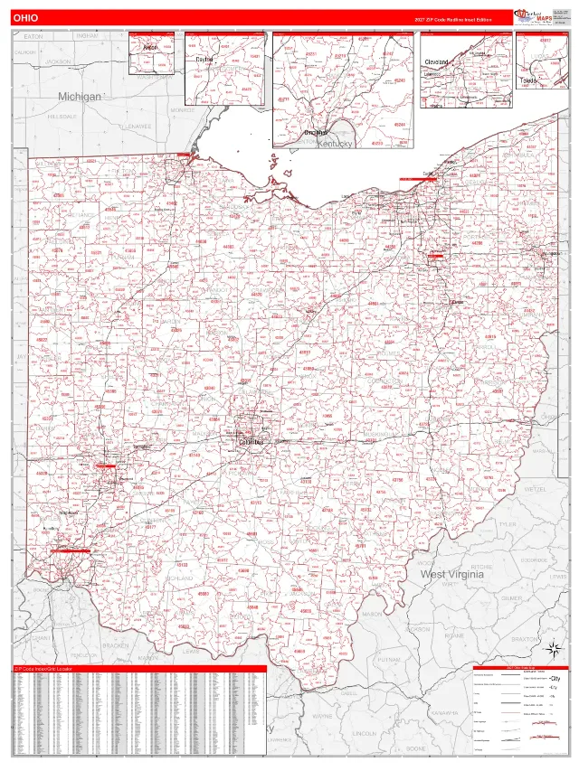 Ohio State ZIP Code Wall Map, RedLine style
