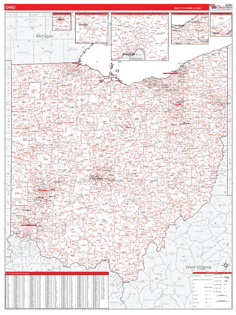 Ohio ZIP Code wall map in the RedLine Style
