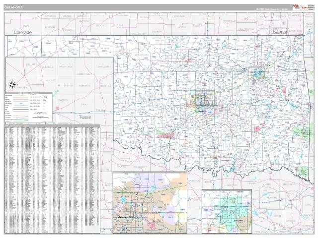 Oklahoma State ZIP Code Wall Map, Classic style