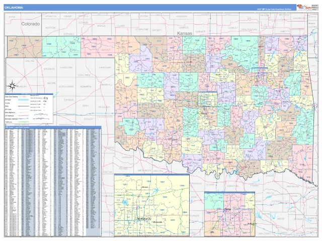 Oklahoma State ZIP Code Wall Map, ColorCast style