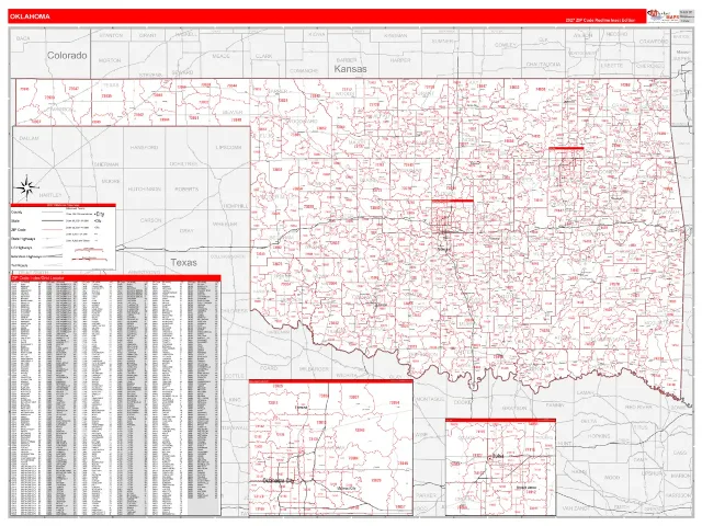 Oklahoma State ZIP Code Wall Map, RedLine style