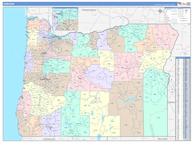 Oregon State ZIP Code Wall Map, ColorCast style
