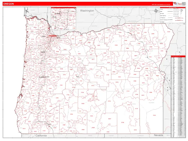 Oregon State ZIP Code Wall Map, RedLine style