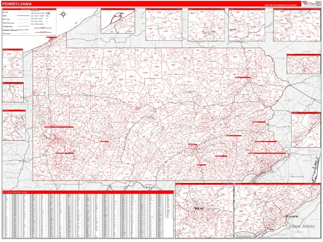 Pennsylvania State ZIP Code Wall Map, RedLine style